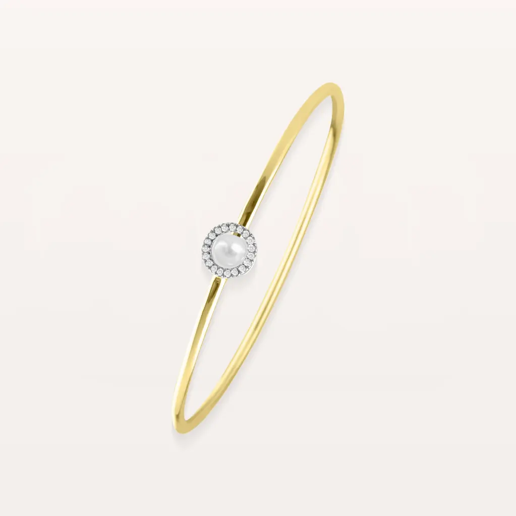 Bracelet jonc fin en or jaune avec perle centrale entourée de diamants
