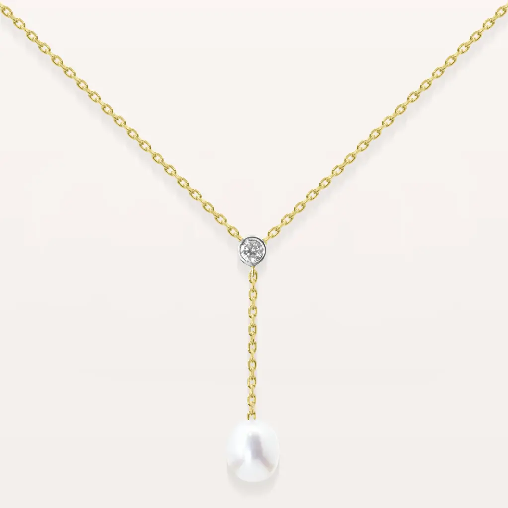 Collier avec perle ovale suspendue et diamant serti clos